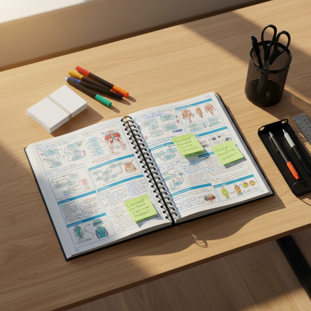 In a bright, warm room, a light wood desk in a corner is neatly arranged. An open medical study manual lies on the desk, d...