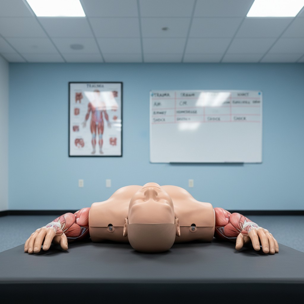 A mannequin lies on its back, placed on a table at the front of a classroom or clinical setting, its arms stretched out to...